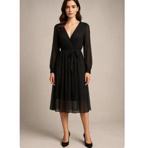 Black Sheer Sparkle Midi Dress with Belt and Long Sleeves Size: M